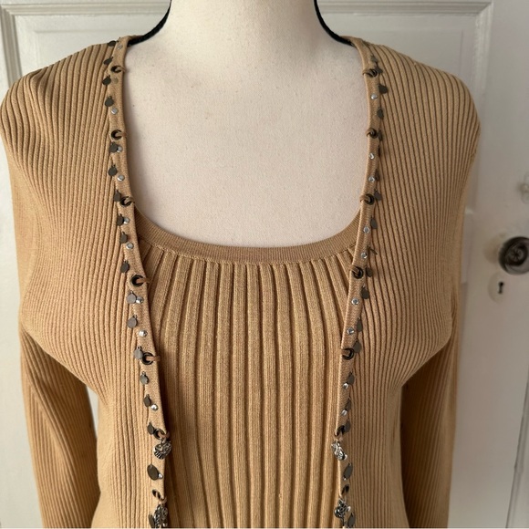 Cable & Gauge Ribbed Knit Cardigan Sweater Silk Matching Top Neutral Minimalist - Picture 6 of 17